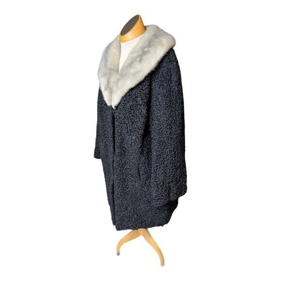 Vtg 1950s Black Astrakhan Karakul Lamb Fur Mink Collar Hook Closure Coat L - Picture 1 of 9